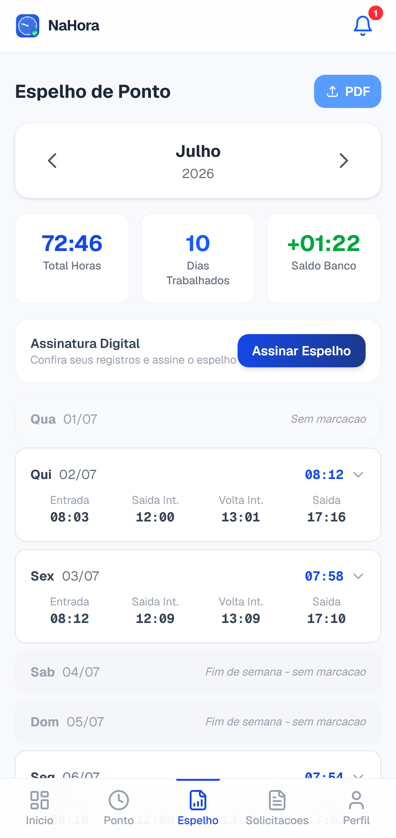 Espelho de ponto no celular — NaHora